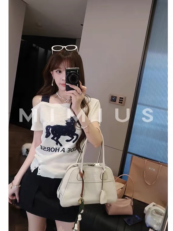 수영하다 사슴 사슴 블루 좋은 주간 실크 배색 무거운 작업 핫픽스 작은 말 비스듬한 어깨 반팔 티셔츠 여성 여름 몸매 가꾸기 슬림해 보이는 맨위