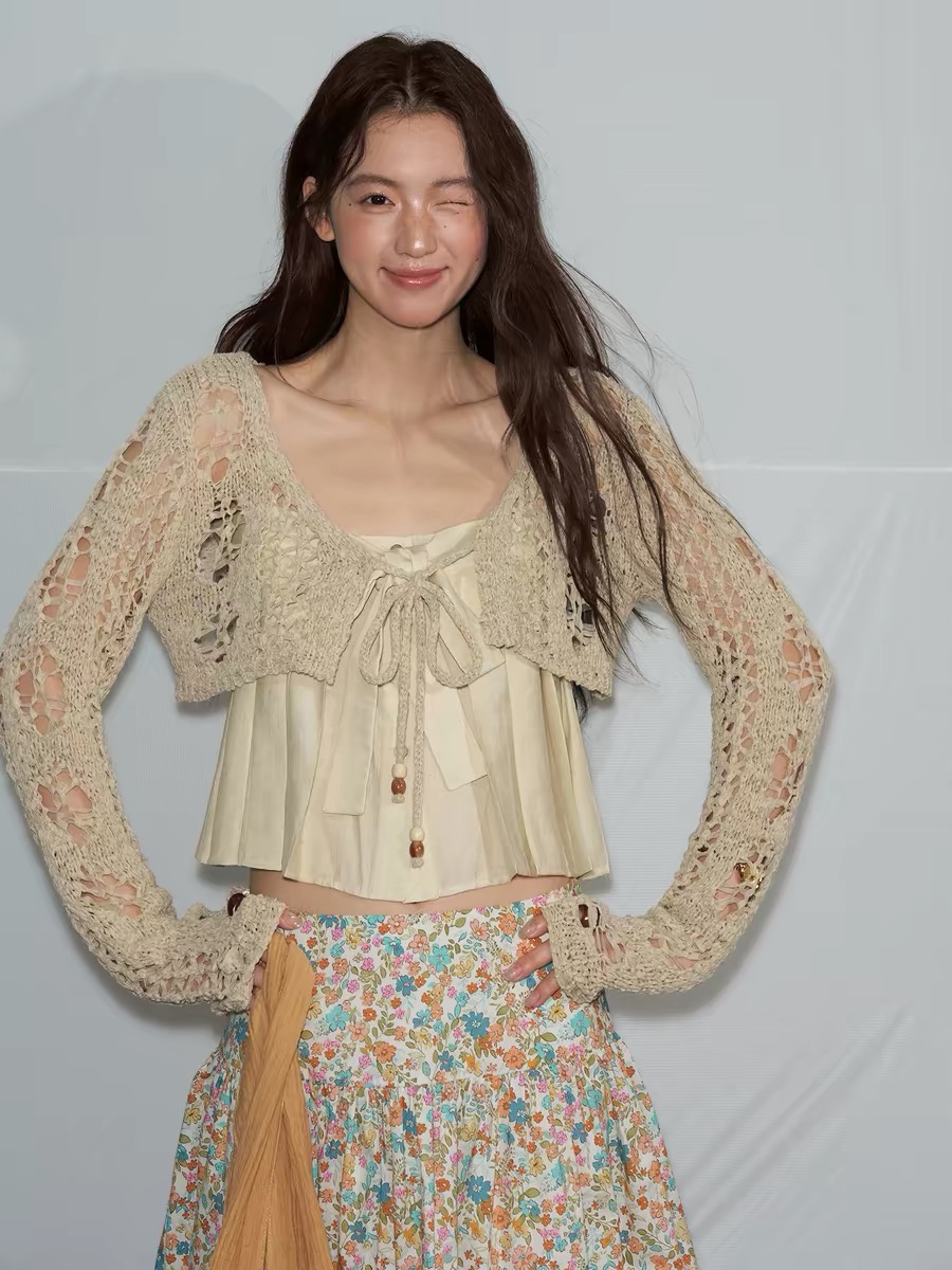 soolrok 소나무 아니요 라임 하나 여름 오리지널 패치워크 니트 홀로우 아웃 쇼트 스타일 다용도 자외선 차단 오픈 가디건 맨위