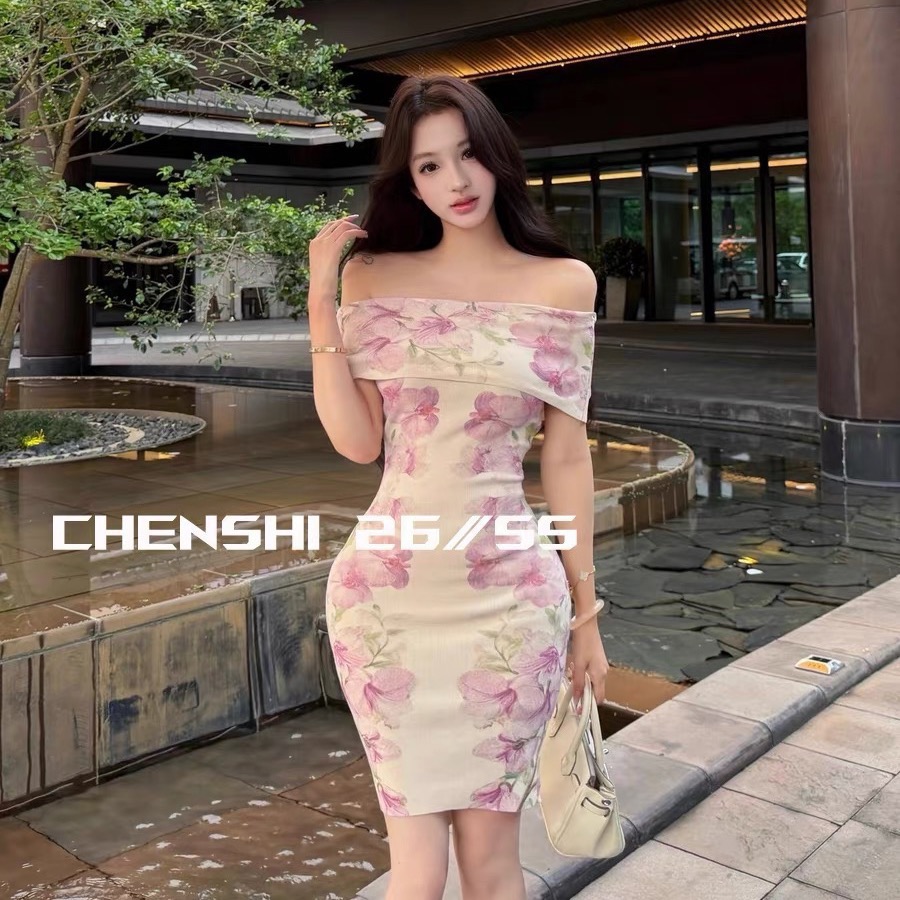 chen shi 옥 여름 얼음 장미 오프숄더 니트 꽃무늬 타이트 스커트 드레스 여름 통기성 한 마디 짧은 치마