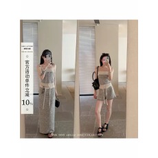 批发宁司 <b class='q'>条纹</b>抹胸小背心套装女夏季低腰直筒半裙花边阔腿短裤三件套