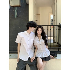 批发实拍学院风领短袖女夏季收腰显瘦百褶短裙子情侣装一衣一裙