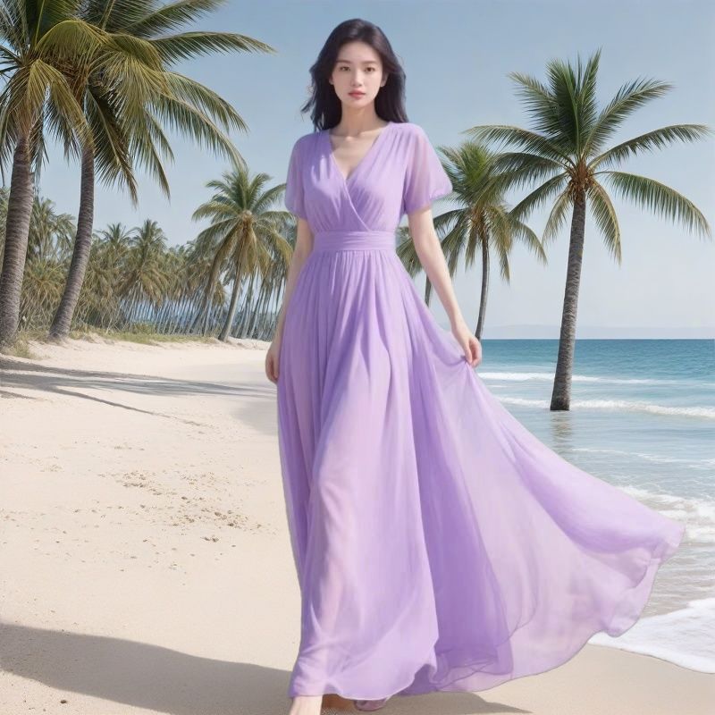 RY8711# 连衣裙长裙202显瘦新款纯色雪纺海边夏季度假长款沙滩裙子