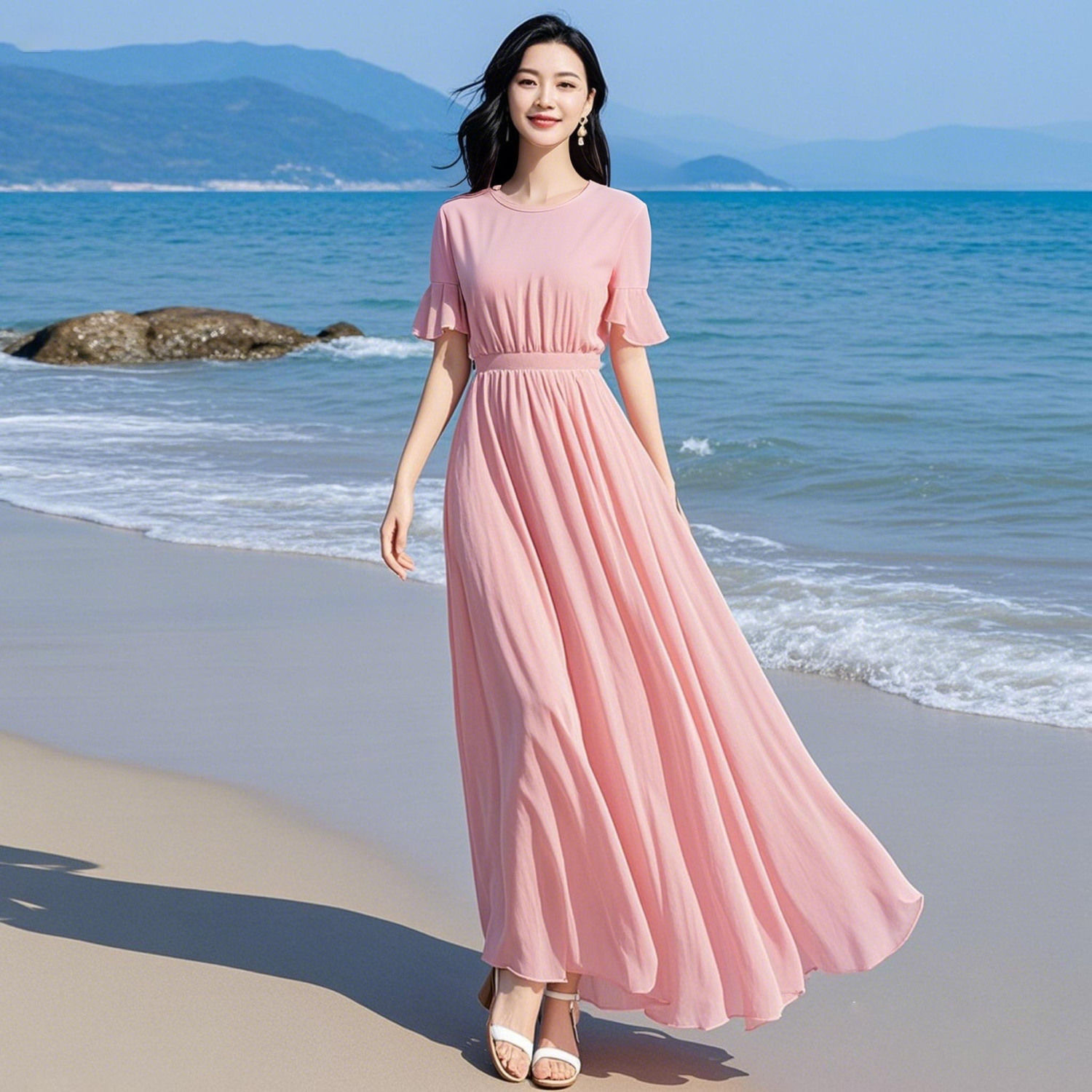 RY8706# 粉色夏季新款2025沙滩气质长裙雪纺收腰度假女夏连衣裙裙子
