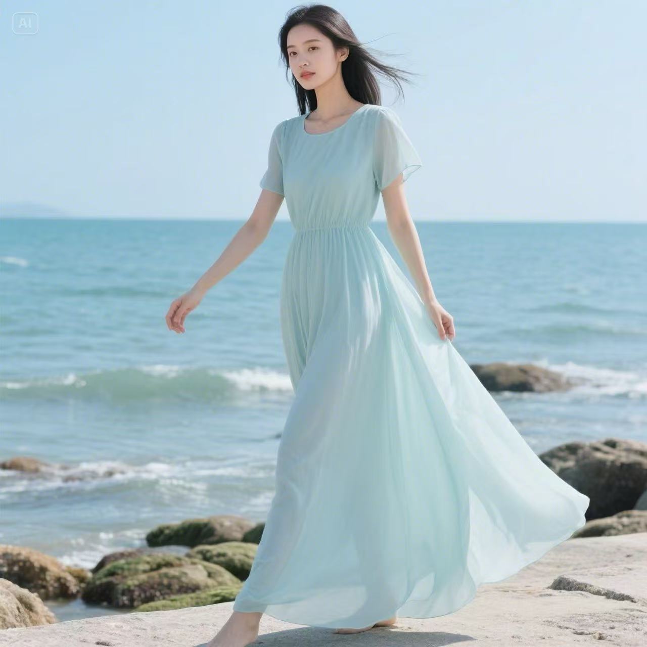 RY8625# 纯色夏季新款05沙滩气质长裙雪纺收腰度假女夏连衣裙裙子