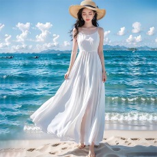 批发新款文艺仙女飘逸海边大摆沙漠吊带裙拍照连衣裙白色长裙度假沙滩
