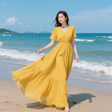 批发连衣裙长裙2025显瘦新款黄色雪纺海边夏季度假长款<b class='q'>沙滩裙</b>子