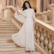 批发斗篷轻奢女装<b class='q'>连衣裙</b>大喇叭袖半高领白色长款裙子雪纺超长裙大摆裙