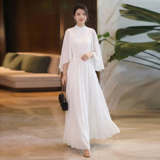 批发斗篷轻奢女装<b class='q'>连衣裙</b>大喇叭袖半高领白色长款裙子雪纺超长裙大摆裙