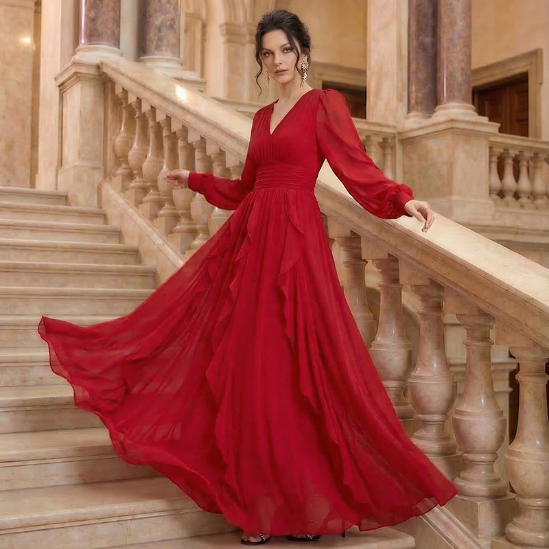 RY2669# 春夏高档连衣裙女长袖长款裙子气质收腰海边度假长裙礼服裙沙滩裙