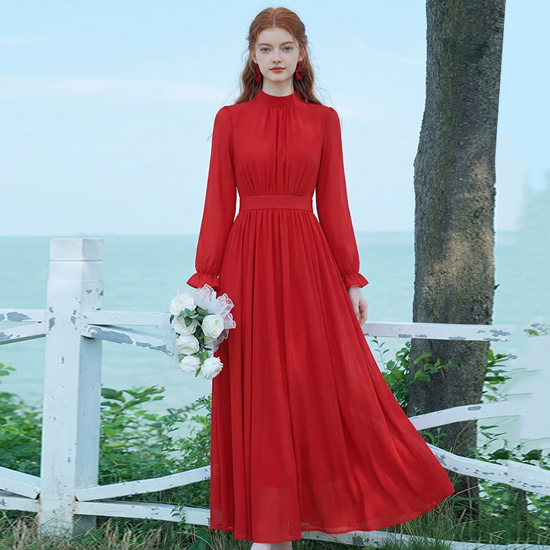 프랑스식 디자인 특대 사이즈 진자 쉬폰 드레스 2026 새로운 품격 허리 수축 여행 휴가 롱 스커트 여성 ~까지 발목