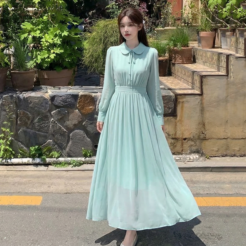 봄 여름 새로운 패션 프랑스식 베이비 칼라 긴팔 쉬폰 여성 드레스 품격 해변가 휴가 해변 길다 치마