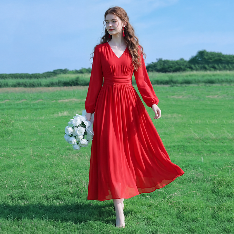 기타 색상 긴팔 드레스 2026 봄 여름 새로운 해변가 휴가 해변 드레스 허리 수축 슬림해 보이는 그리고 발 알몸의 길다 치마