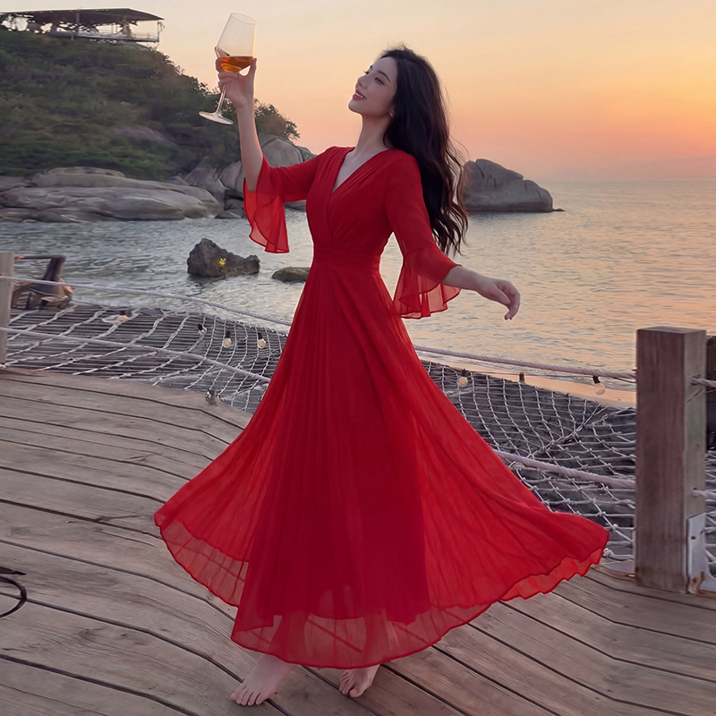 2026 새로운 여름 섹션 V넥 드레스 허리 수축 우아한 품격 롱 스커트 해변 휴가 바람 그리고 발목 원피스 치마
