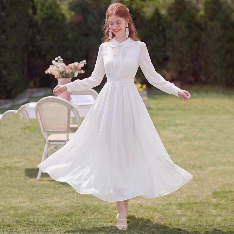 2026 새로운 프랑스식 베이비 칼라 화이트 여성 드레스 여름 품격 해변가 휴가 롱 스커트 긴팔 해변 드레스