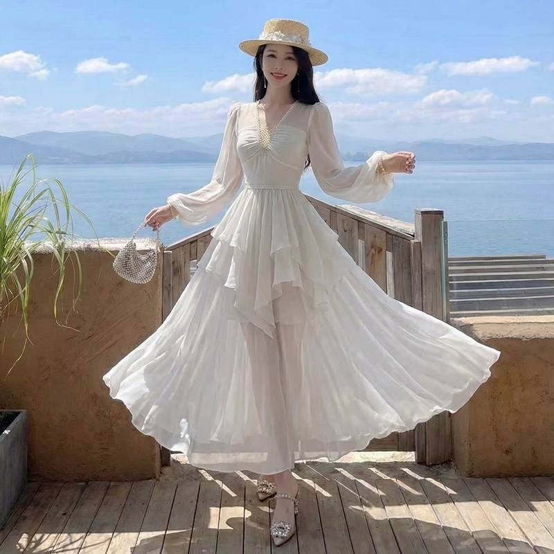 봄 여름 신제품 요정 가스 우아한 칼라 긴팔 드레스 빛 럭셔리 고급 품격 관대 한 점잖은 아름다운 허리 수축 롱 스커트