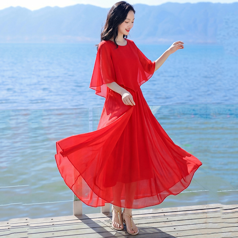 국풍 우아한 롱 스커트 품격 고전 아름다움 드레스 표지 고기 슬림해 보이는 큰 진자 춤추기 치마 숄 젠 차 서비스 요정