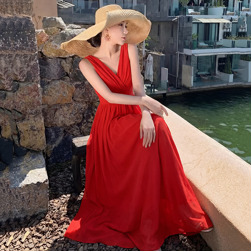 V넥 Tulle 빨간색 조끼 여성 드레스 여름 허리 수축 예복 치마 해변가 휴가 롱 스커트 해변 드레스 빅 플레어 스커트
