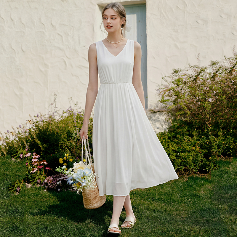 기타 색상 드레스 민소매 V넥 조끼 스커트 여성 여름 해변가 휴가 해변 드레스 쉬폰 롱 스커트 고급 센스