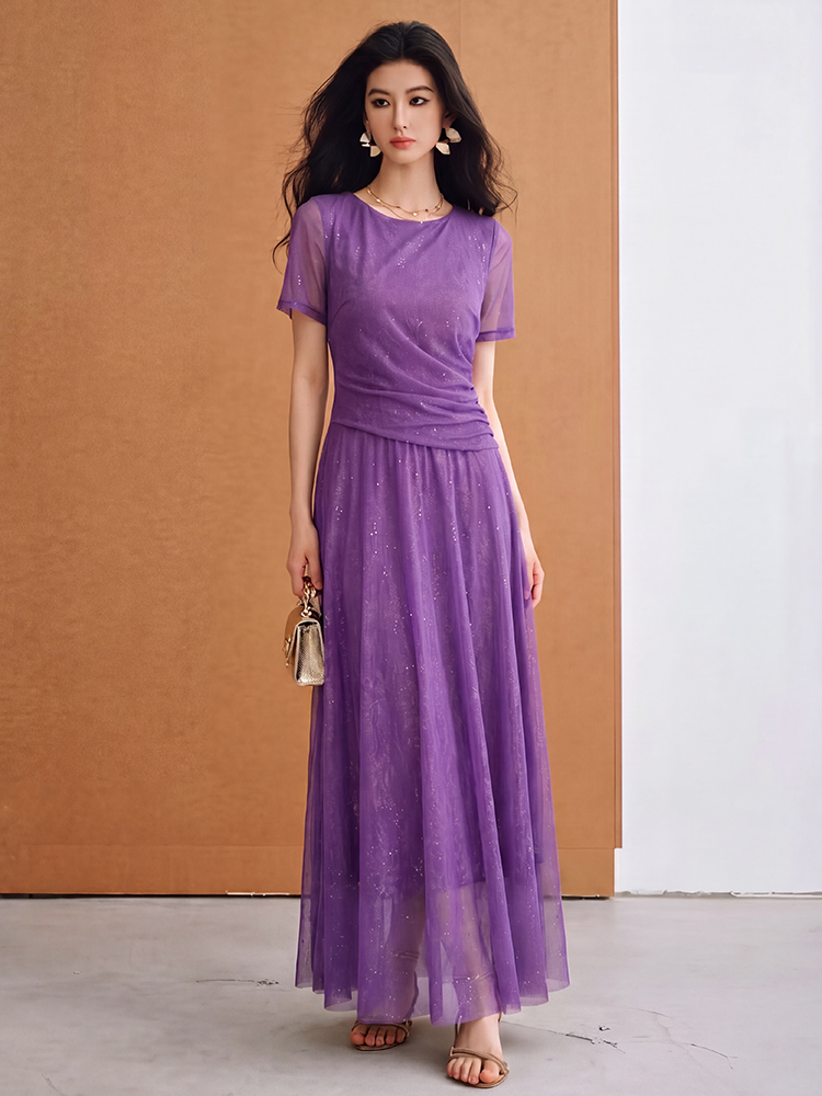 2026 년 새로운 프랑스식 우아함 보라색 허리 수축 여성 드레스 슬림해 보이는 품격 고급 센스 몸매 가꾸기 롱 스커트