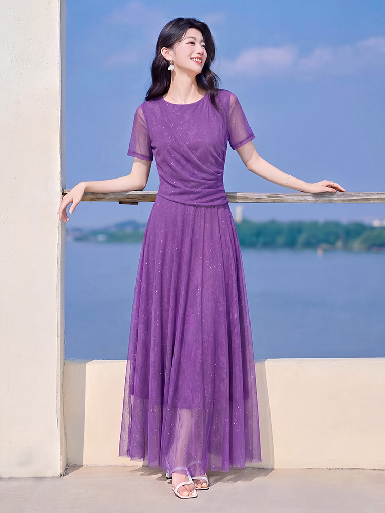 2026 새로운 프랑스식 우아함 보라색 여성 드레스 허리 수축 슬림해 보이는 품격 몸매 가꾸기 고급 센스 롱 스커트