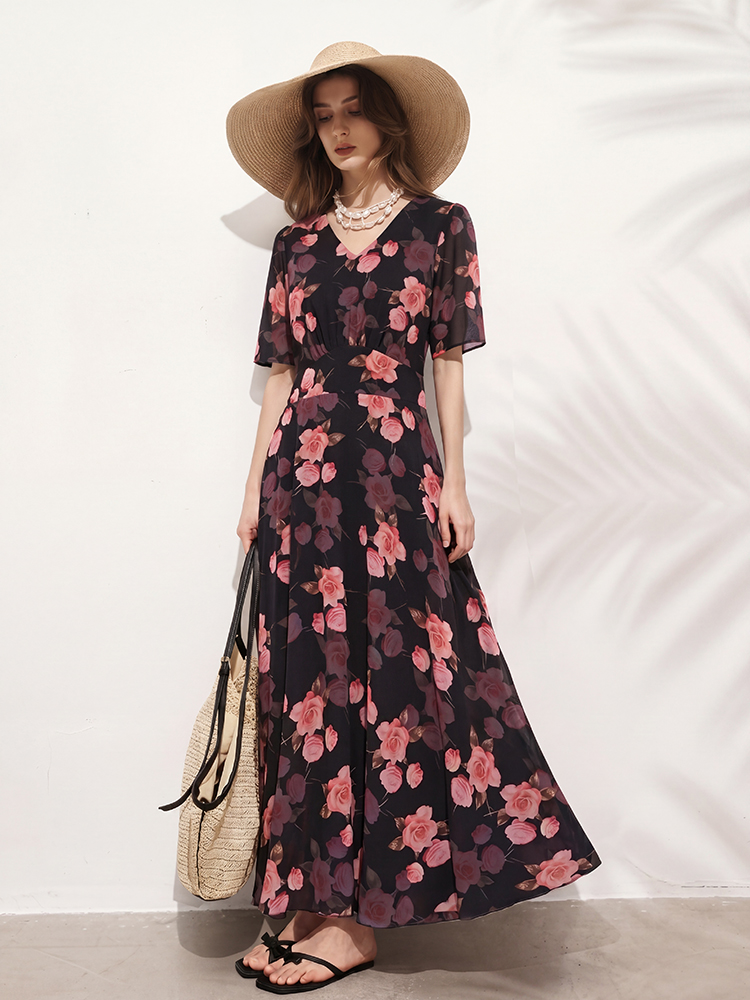 연령 감소 꽃무늬 여성 드레스 2026 여름 새로운 낭만주의 패션 품격 V넥 하이웨이스트 슬림해 보이는 빅 플레어 스커트