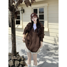 批发实拍 大码慵懒风连帽宽松显瘦针织衫毛衣上衣外套女