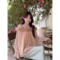 批发实拍 <b class='q'>大码</b>温柔甜美法式斜肩雪纺衬衫上衣女