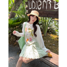 批发实拍 大码罩衫和绿裙子 夏天这么穿好明媚！T恤半身裙两件套