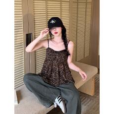 批发实拍 大码定制辣妹轻薄豹纹辣妹吊带背心+纯色一粒扣小开衫