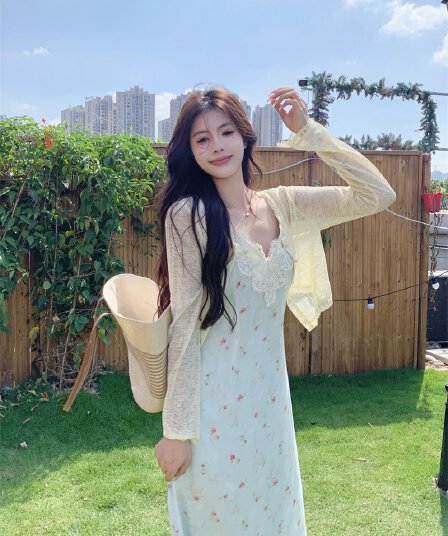 실사 빅 사이즈 지방 mm 레이스 슬립 드레스 배 모양 몸 꽃무늬 치마 표지 배 슬림해 보이는 치마 세트