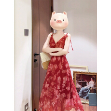 批发实拍～大码胖MM巨显白复古红不规则碎花裙女夏印花连衣裙