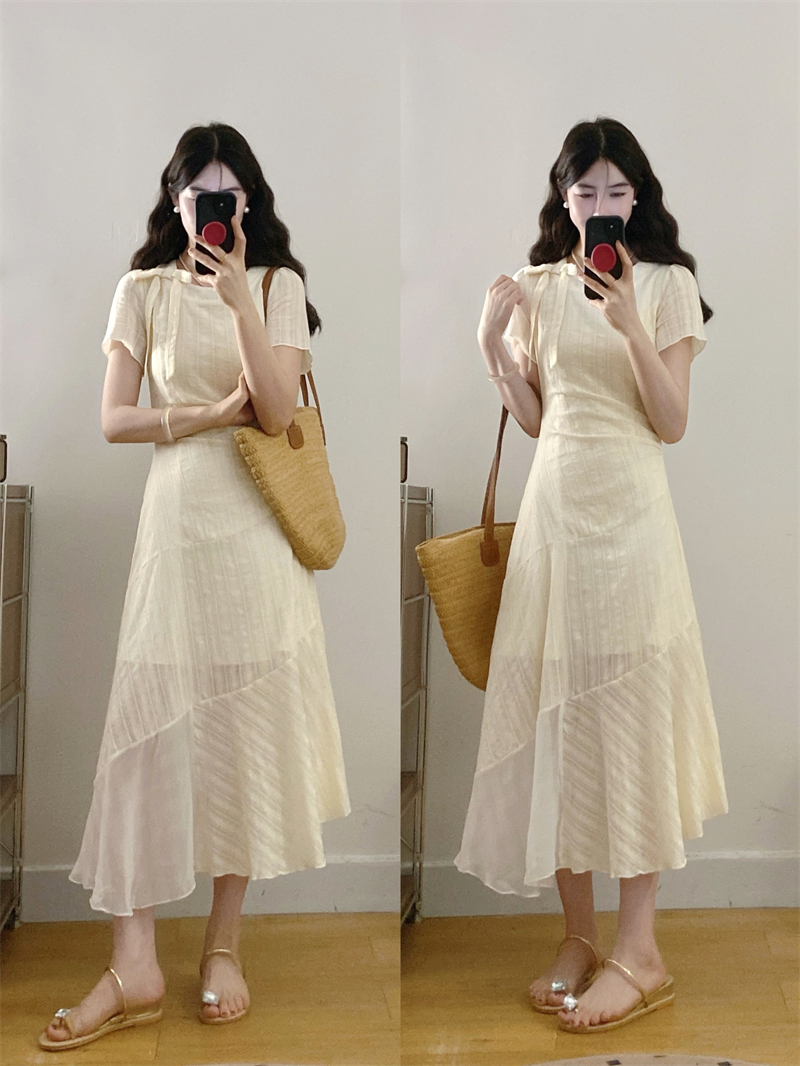 FA33780# ～大码胖MN夏季法式杏色设计感短袖连衣裙不规则长裙 服裝批發女裝批發服飾貨源