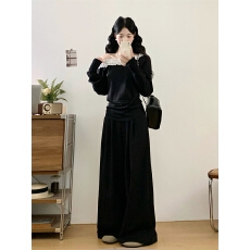 批发实拍～大码胖MM韩系松弛感露肩休闲卫衣套装超火穿搭一整套