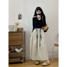 批发实拍～大码胖MM一字肩T恤上衣+松紧腰休闲工装半身裙配腰带套装