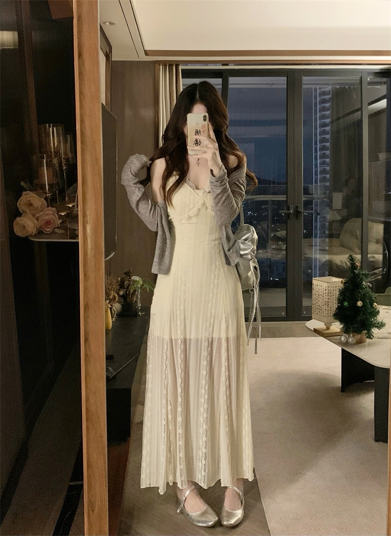 실사 빅 사이즈 지방 mm 고급 센스 프랑스식 품격 V넥 레이스 슬립 드레스 가을 오픈 가디건 세트