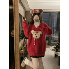 批发实拍～大码胖MM美式红色v领小狗圣诞套头水貂绒新年慵懒风毛衣