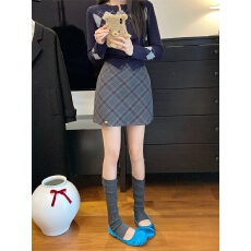 批发实拍～大码胖MM复古学院风格纹半身裙高腰显瘦A字百搭包臀裙