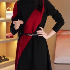 批发复古拼色针织<b class='q'>连衣裙</b>女2025春秋新款美拉德穿搭时尚半高领打底裙子