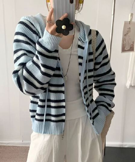 한 부서 캐주얼 스트라이프 후드 니트 스웨터 여성 반 개방 지퍼 와이드 부드러운 찹쌀 슬림해 보이는 다용도 풀오버