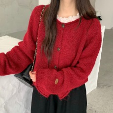 批发韩系基础圆领针织开衫女秋冬多色软糯羊毛感宽松百搭短款毛衣外套