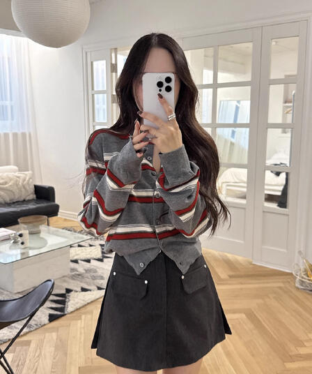 한국 chic 레트로 배색 스트라이프 니트 오픈 가디건 여성 가을 새로운 프랑스식 연령 감소 라운드 넥 싱글 줄 버튼 스웨터