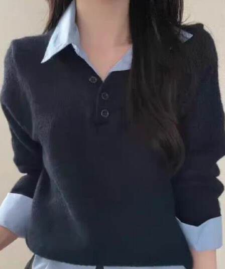 페이크 레이어드 POLO 칼라 학원 스타일 연령 감소 스웨터 여성 의류 한 부서 루즈핏 니트 스웨터 프랑스식 Chic 맨위