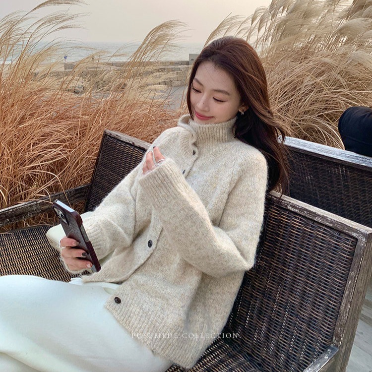 한국 동대문 凛 겨울 광야 분위기 센스 터틀넥 스웨터 여성 코트 느긋한 루즈핏 폴로 칼라 니트 오픈 가디건
