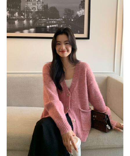 한 부서 느긋한 V넥 니트 오픈 가디건 여성 가을 겨울 부드러운 찹쌀 루즈핏 주머니 스웨터 코트 분위기 센스 외출용 맨위