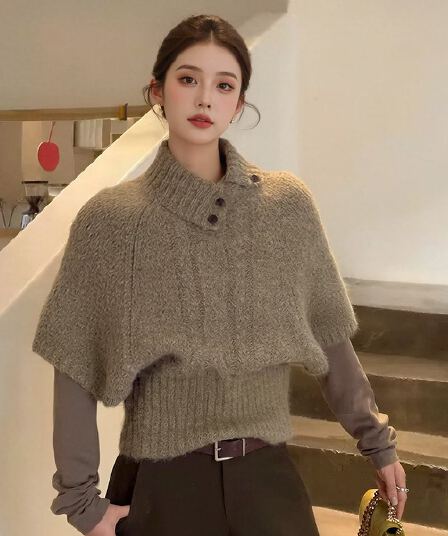 브라운 한 부서 폴로 칼라 터틀넥 반팔 니트 스웨터 여자 2026 이른 가을 인사이드 가져 가라. 느긋한 바람 중간 소매 망토 맨위