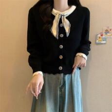 批发韩系学院风丝巾圆领针织开衫女秋冬季设计感<b class='q'>甜美</b>减龄显瘦长袖毛衣