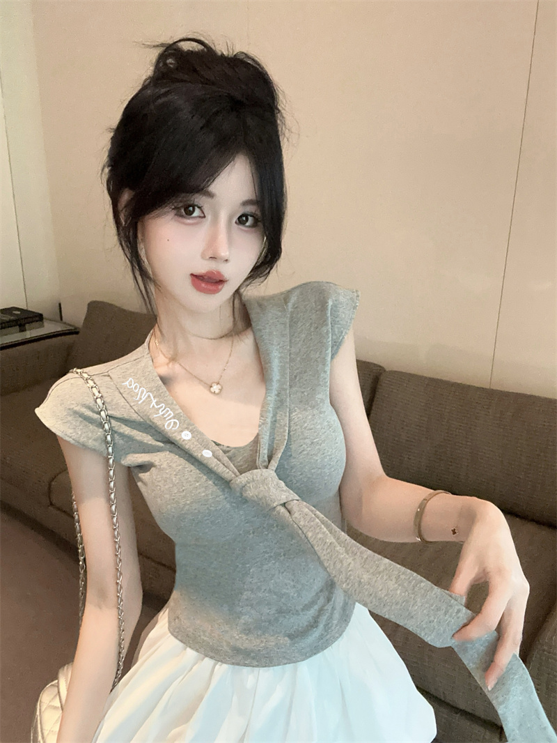 FA35517# 学院风系带刺绣无袖修身T恤+花苞半身裙两件套装女 服裝批發女裝批發服飾貨源