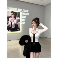 批发已保护 春季嗲欲辣妹领带设计镂空蕾丝V领衬衫女修身长袖T恤内搭