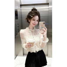 批发已保护 高级感重工复古蕾丝波点上衣花边网纱拼接收腰长袖衬衫女