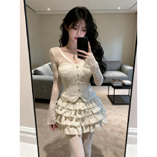 批发已保护 千金感设计纯欲性感V领<b class='q'>长袖</b>蕾丝衫+层层蛋糕半裙套装女